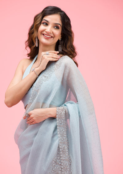 Sky Blue Threadwork Chiffon Saree-Koskii