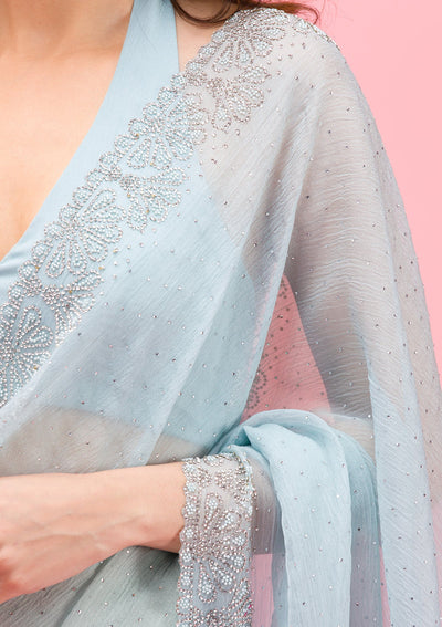 Sky Blue Threadwork Chiffon Saree-Koskii