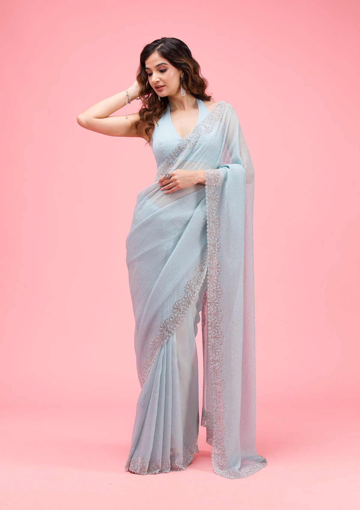 Sky Blue Threadwork Chiffon Saree-Koskii