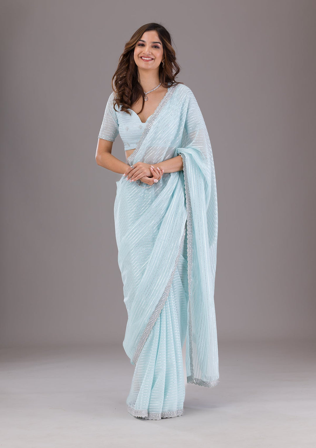 Sky Blue Stonework Georgette Saree-Koskii