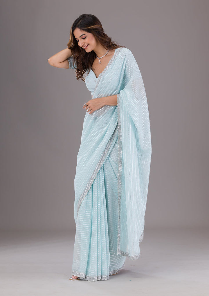 Sky Blue Stonework Georgette Saree-Koskii