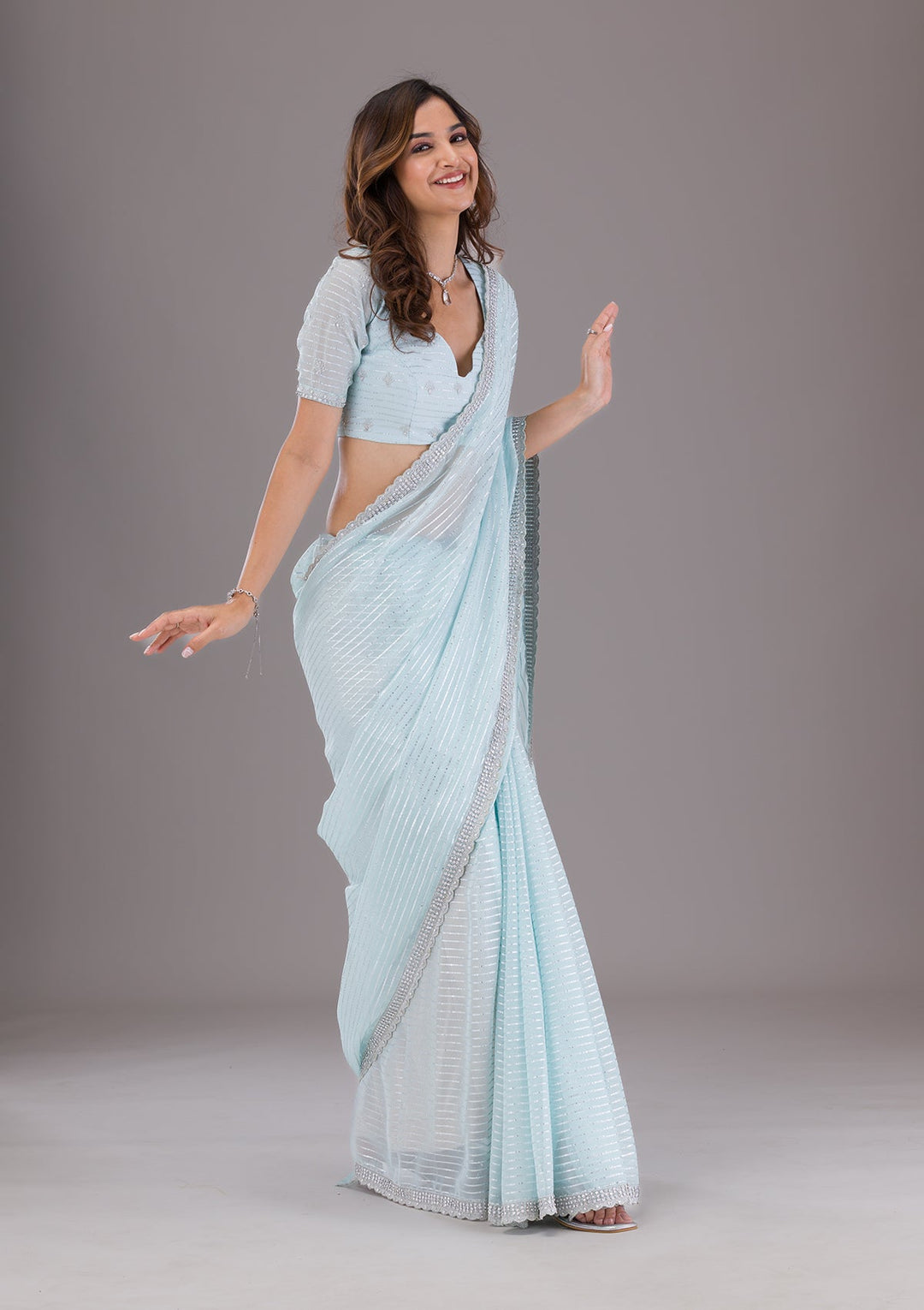 Sky Blue Stonework Georgette Saree-Koskii
