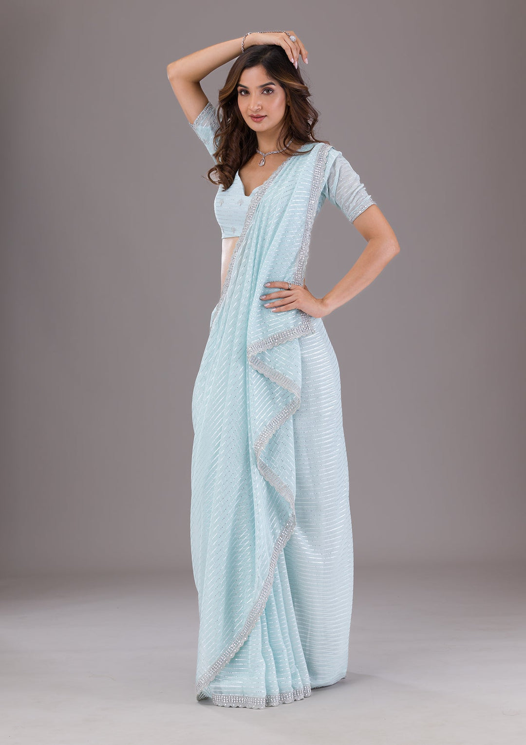 Sky Blue Stonework Georgette Saree-Koskii