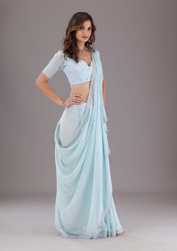 Sky Blue Stonework Georgette Saree-Koskii