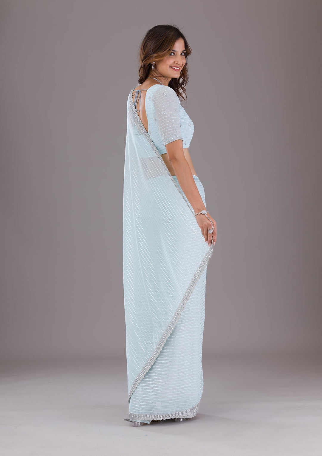 Sky Blue Stonework Georgette Saree-Koskii