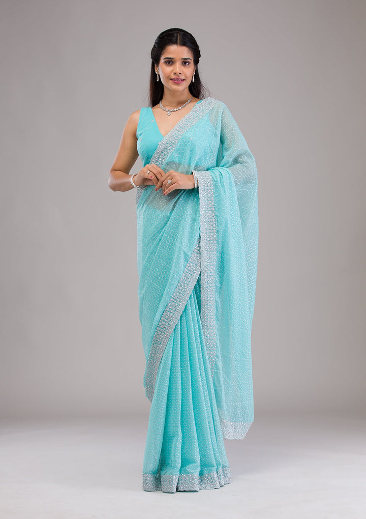 Sky Blue Stonework Georgette Saree-Koskii