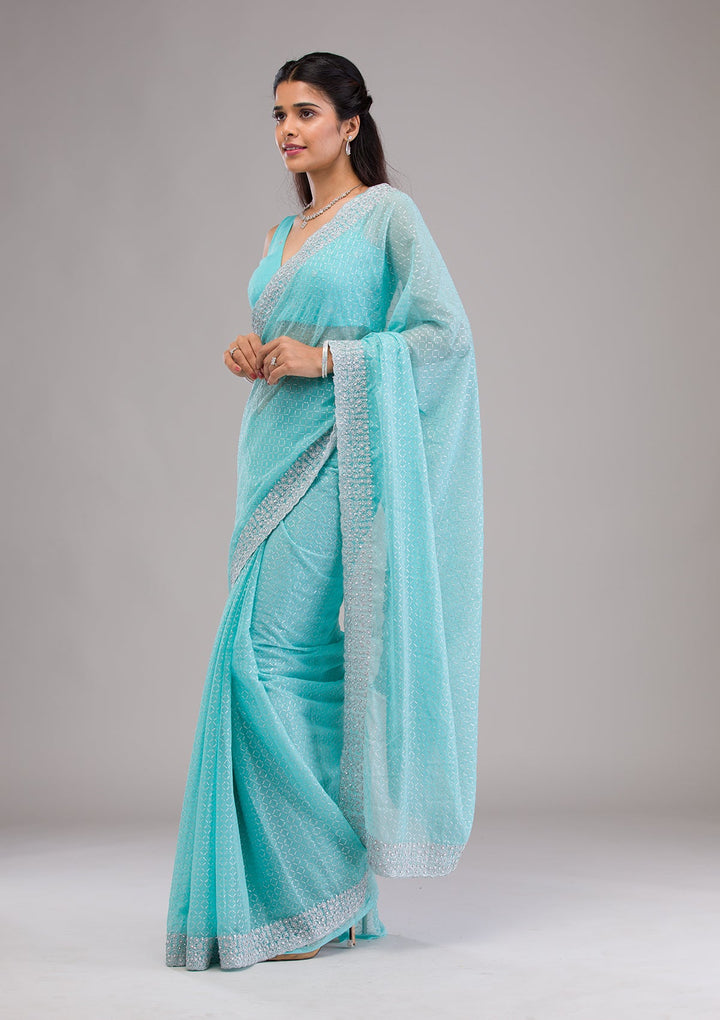 Sky Blue Stonework Georgette Saree-Koskii