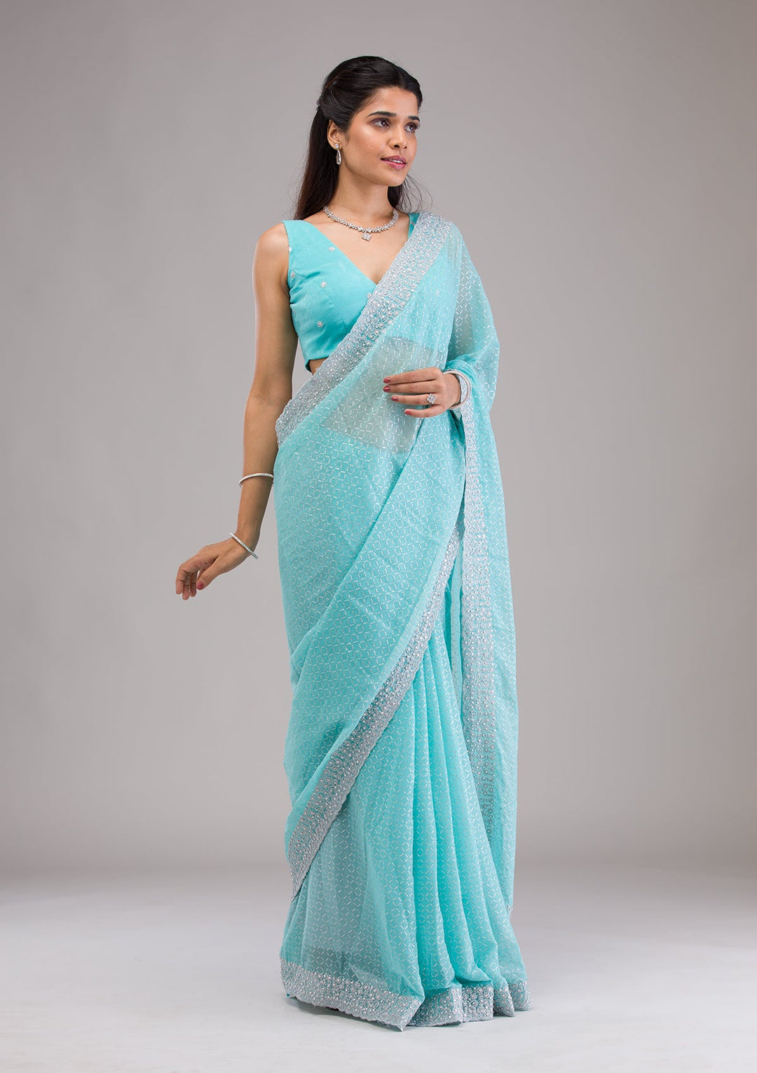 Sky Blue Stonework Georgette Saree-Koskii