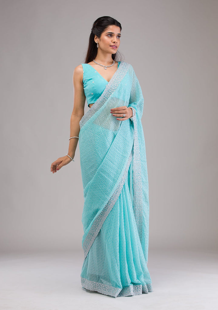 Sky Blue Stonework Georgette Saree-Koskii