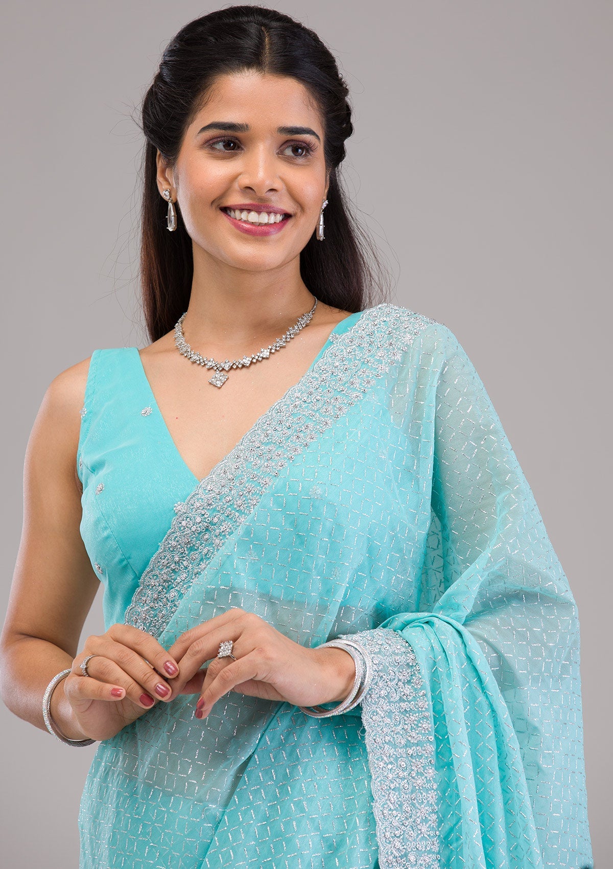 Buy Sky Blue Stonework Georgette Saree - Koskii