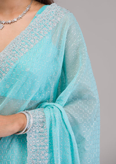 Sky Blue Stonework Georgette Saree-Koskii