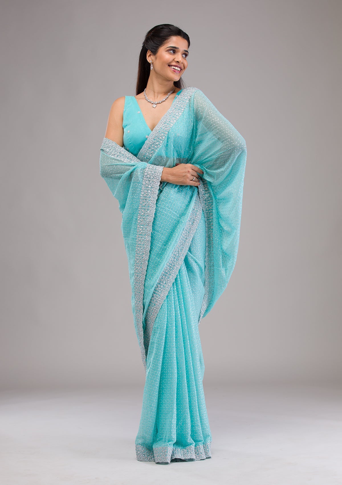 Buy Sky Blue Stonework Georgette Saree - Koskii