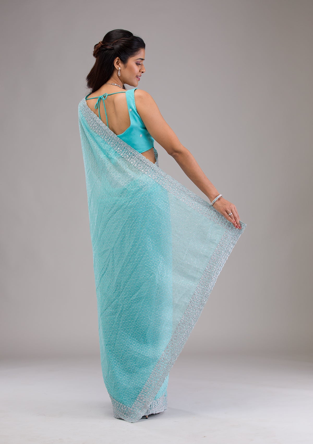 Buy Sky Blue Stonework Georgette Saree - Koskii