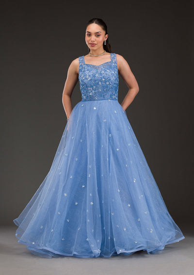 Sky Blue Stonework Net Gown-Koskii