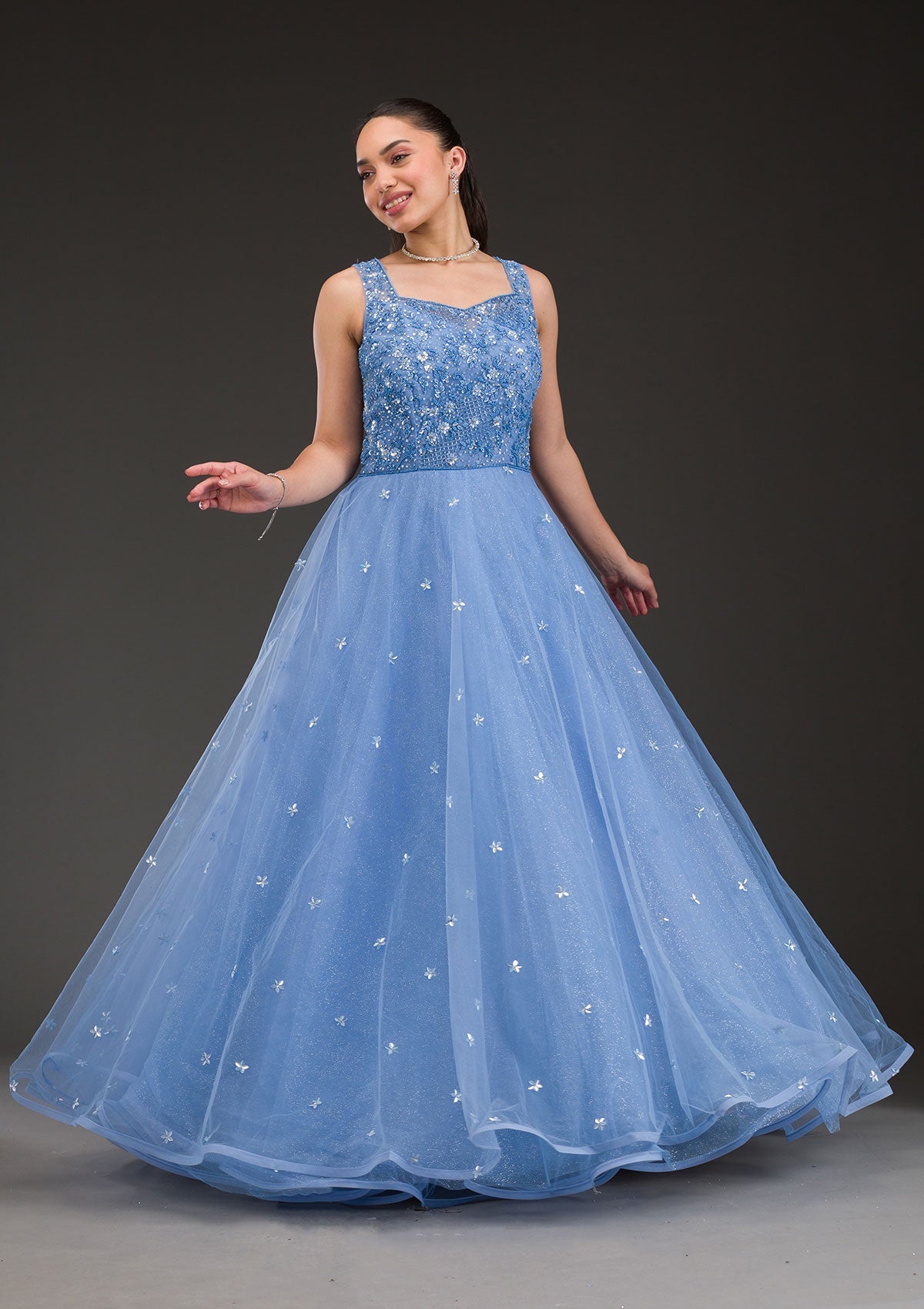 Sky Blue Stonework Net Gown-Koskii