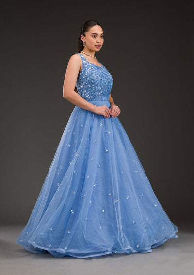 Sky Blue Stonework Net Gown-Koskii