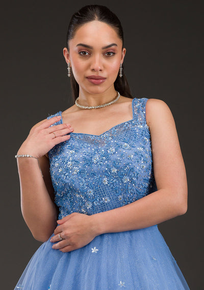 Sky Blue Stonework Net Gown-Koskii