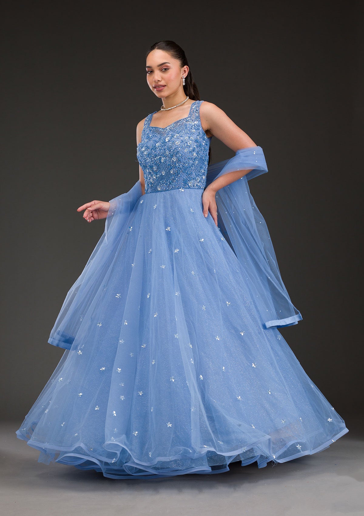 Sky Blue Stonework Net Gown-Koskii