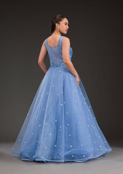 Sky Blue Stonework Net Gown-Koskii