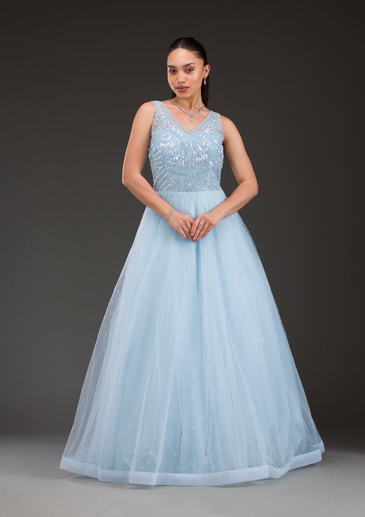 Sky Blue Stonework Net Gown-Koskii