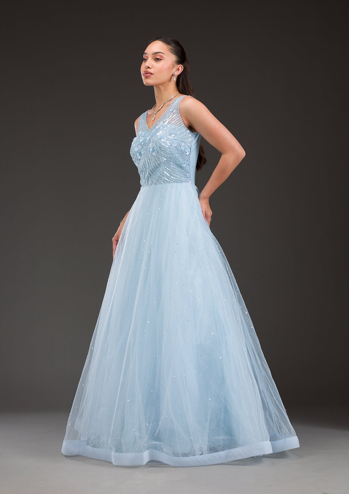 Sky Blue Stonework Net Gown-Koskii