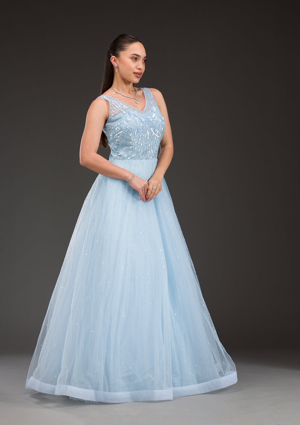 Sky Blue Stonework Net Gown-Koskii