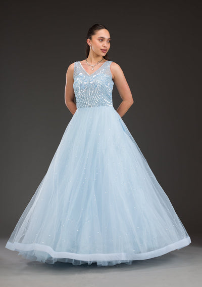 Sky Blue Stonework Net Gown-Koskii