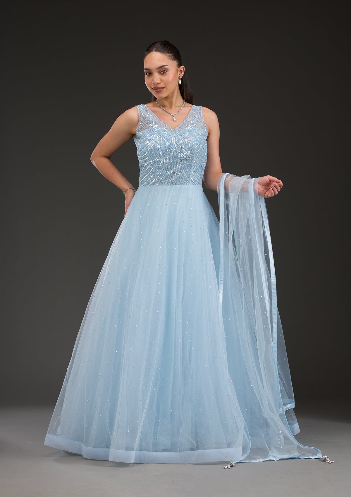 Sky Blue Stonework Net Gown-Koskii