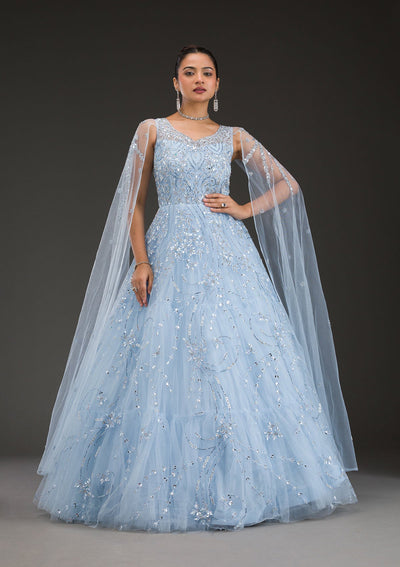 Sky Blue Stonework Net Gown-Koskii