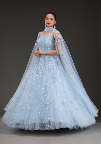 Sky Blue Stonework Net Gown-Koskii