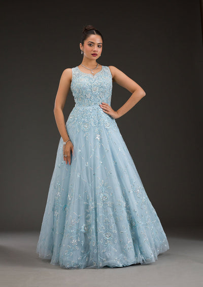 Sky Blue Stonework Net Gown-Koskii