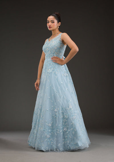 Sky Blue Stonework Net Gown-Koskii