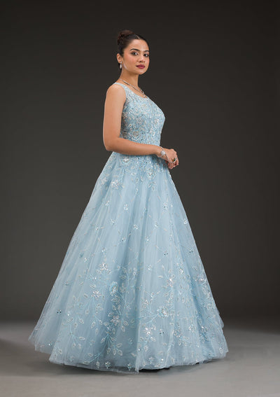 Sky Blue Stonework Net Gown-Koskii