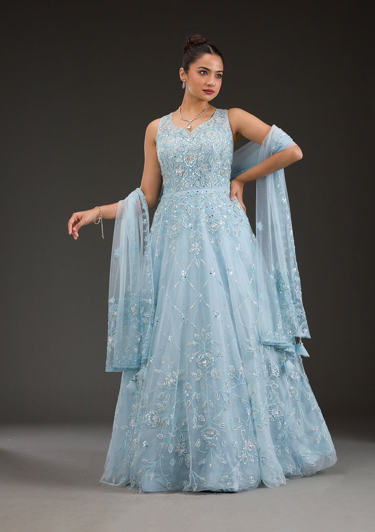 Sky Blue Stonework Net Gown-Koskii