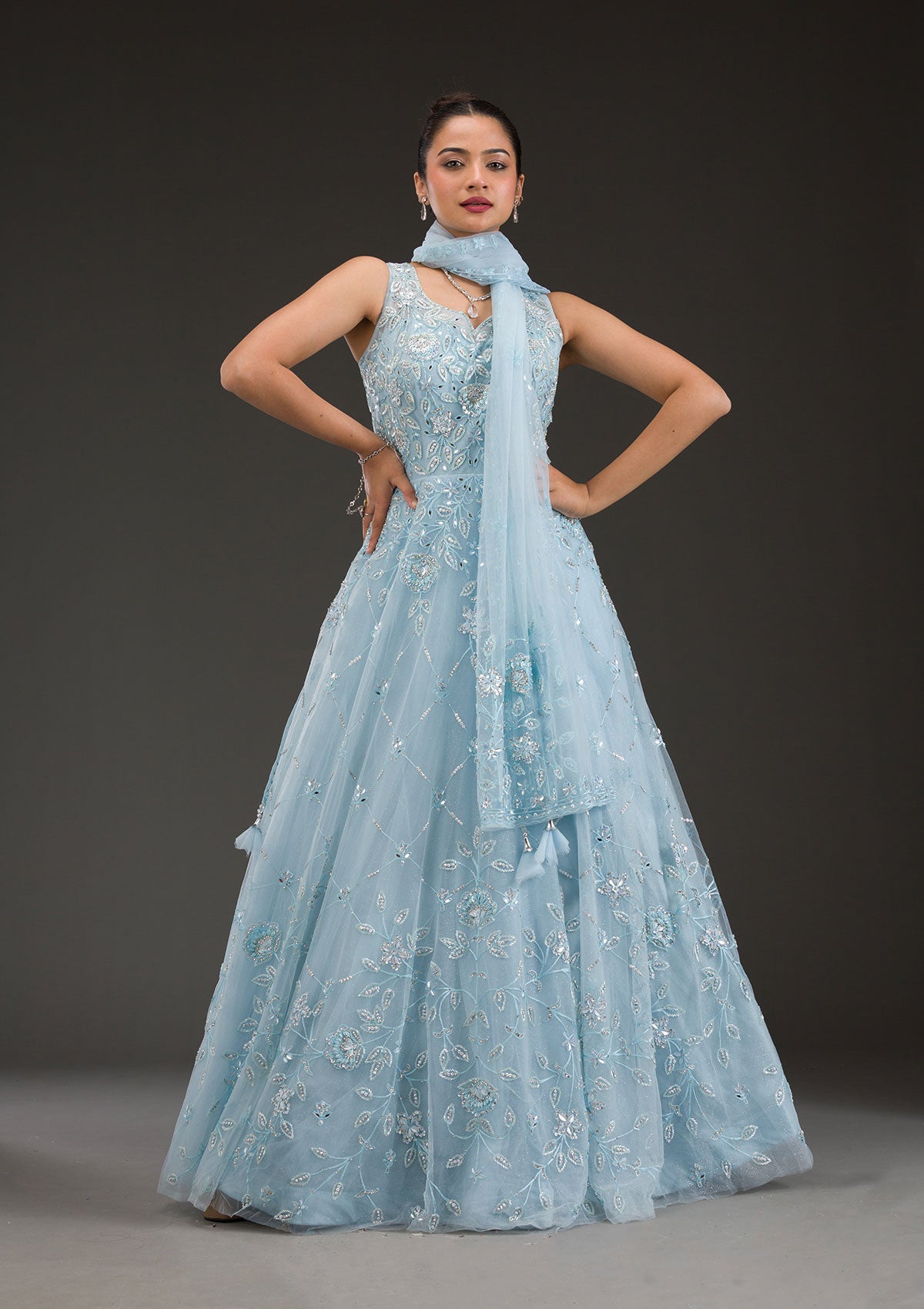 Sky Blue Stonework Net Gown-Koskii