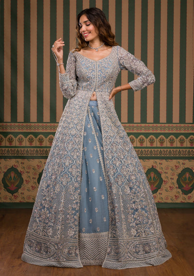 Sky Blue Stonework Net Readymade Lehenga