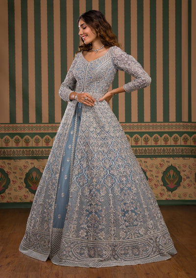 Sky Blue Stonework Net Readymade Lehenga