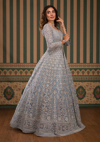 Sky Blue Stonework Net Readymade Lehenga