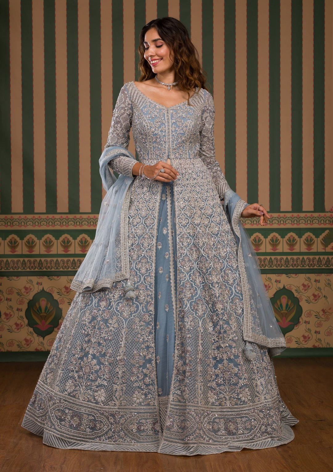 Sky Blue Stonework Net Readymade Lehenga