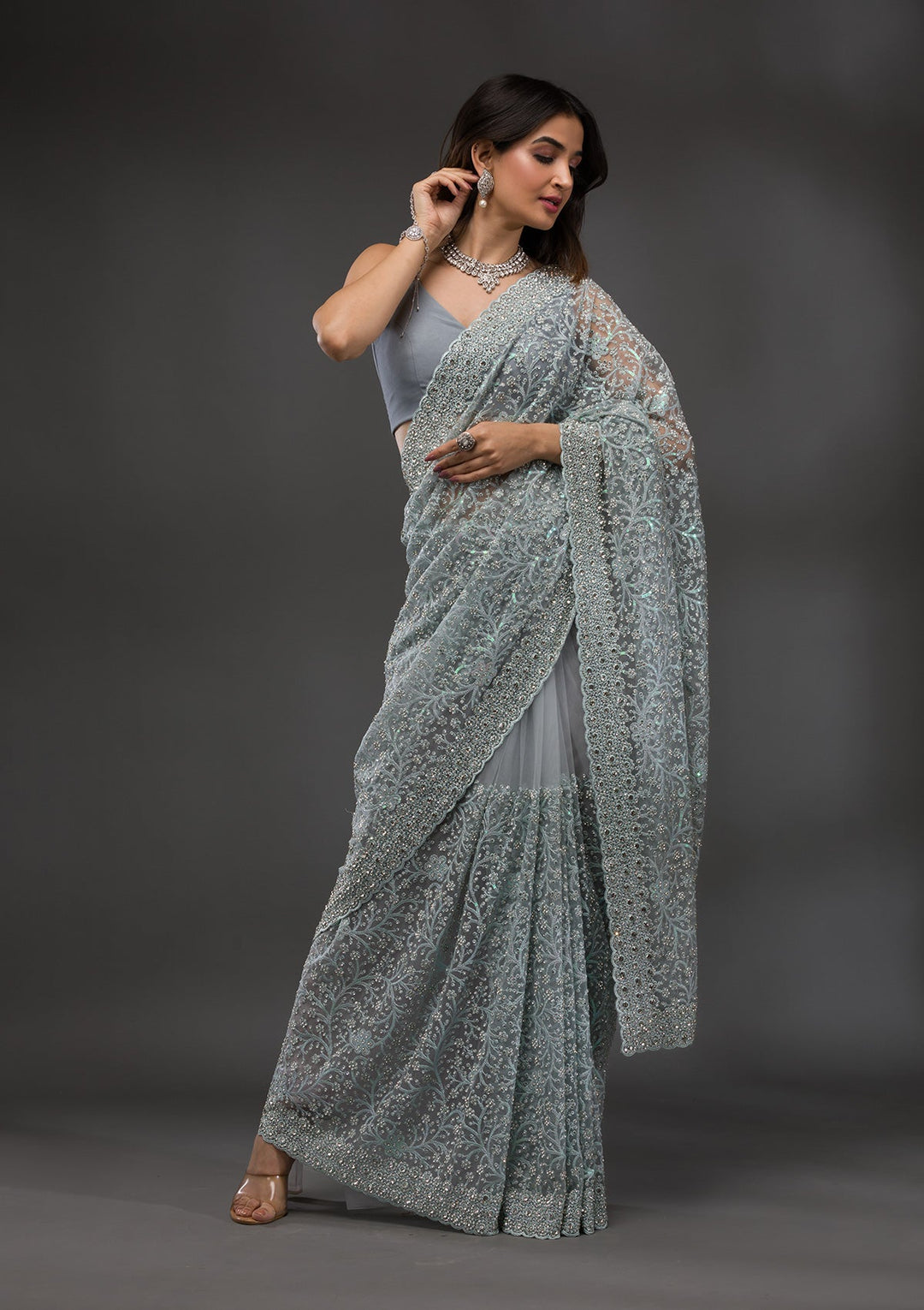 Sky Blue Stonework Net Saree-Koskii