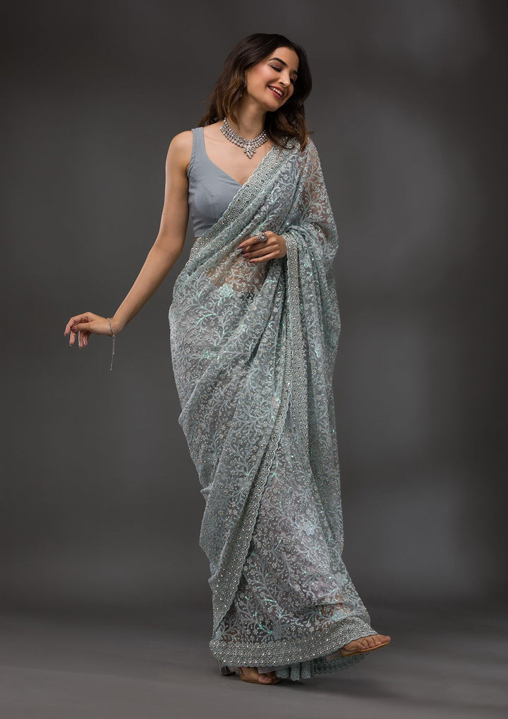 Sky Blue Stonework Net Saree-Koskii
