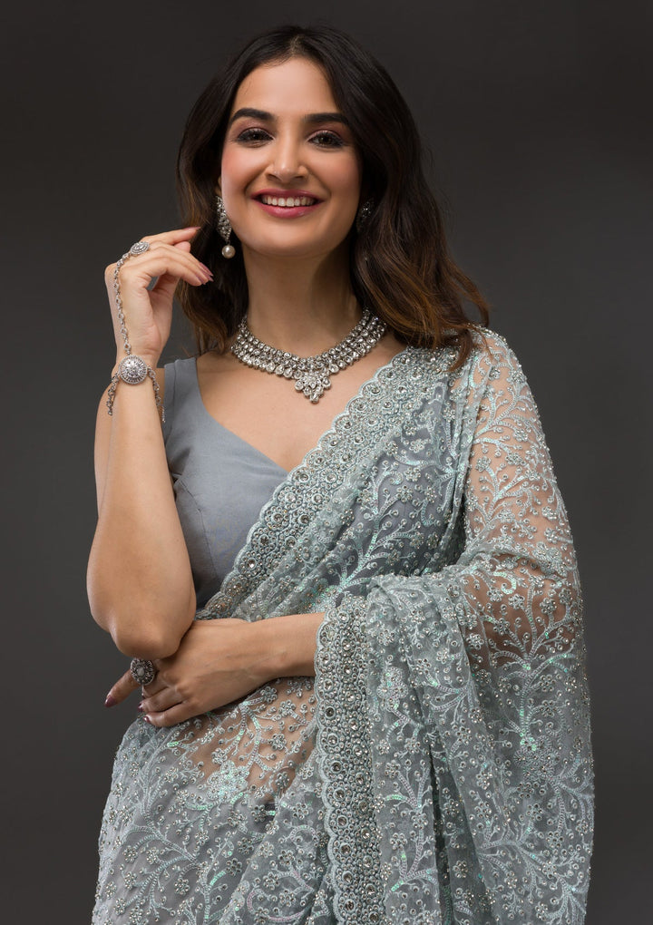 Sky Blue Stonework Net Saree-Koskii
