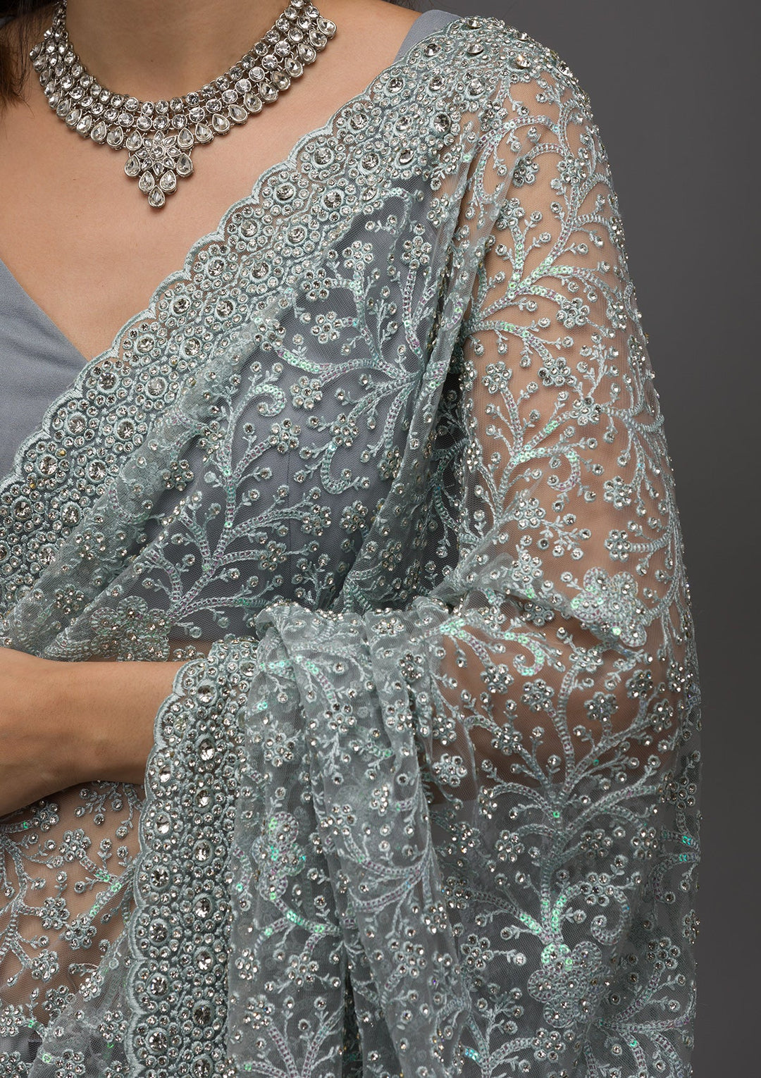Sky Blue Stonework Net Saree-Koskii