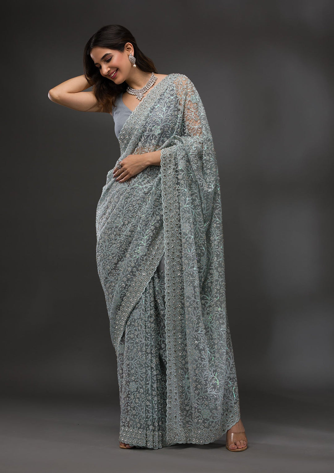 Sky Blue Stonework Net Saree-Koskii