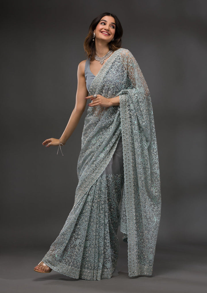 Sky Blue Stonework Net Saree-Koskii