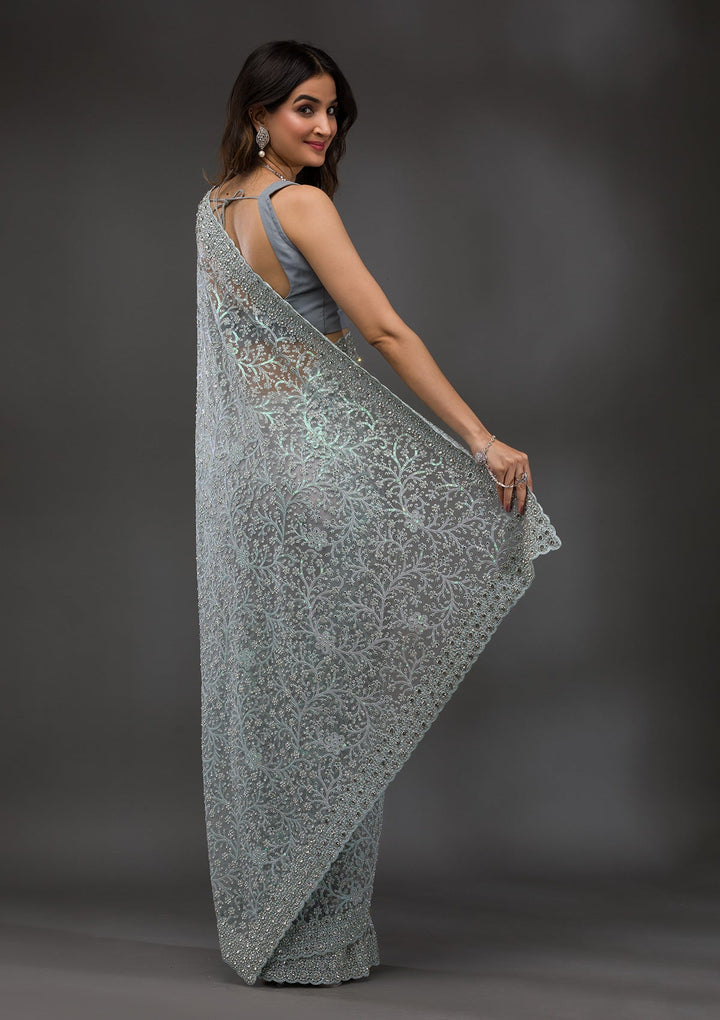 Sky Blue Stonework Net Saree-Koskii