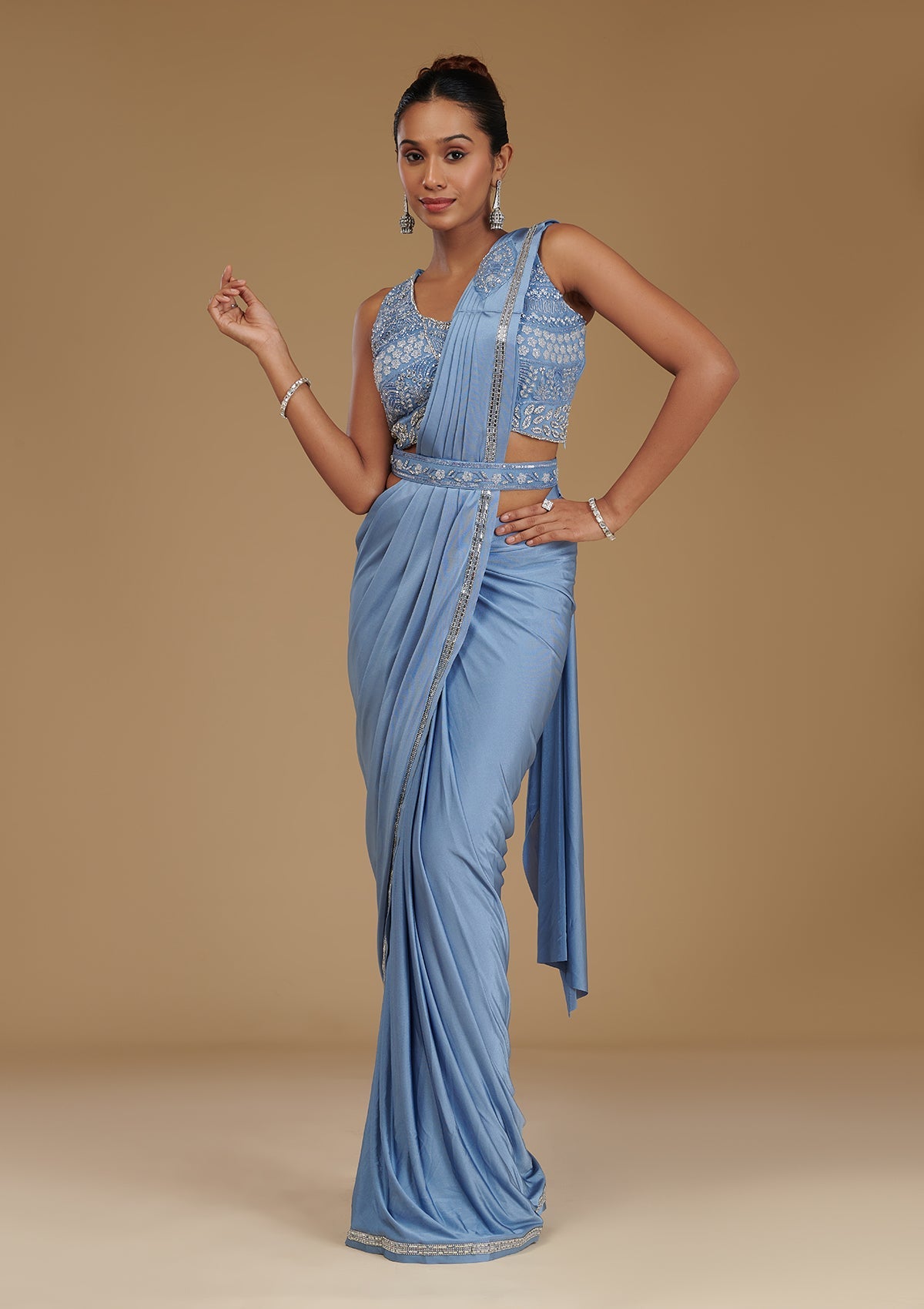 Sky Blue Stonework Satin Readymade Saree-Koskii