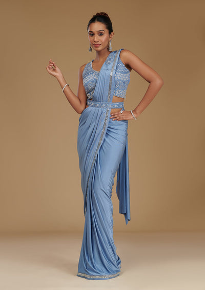 Sky Blue Stonework Satin Readymade Saree-Koskii