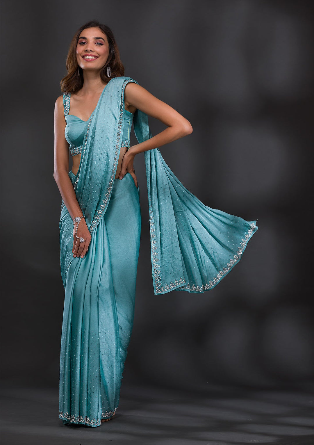 Sky Blue Stonework Satin Saree-Koskii