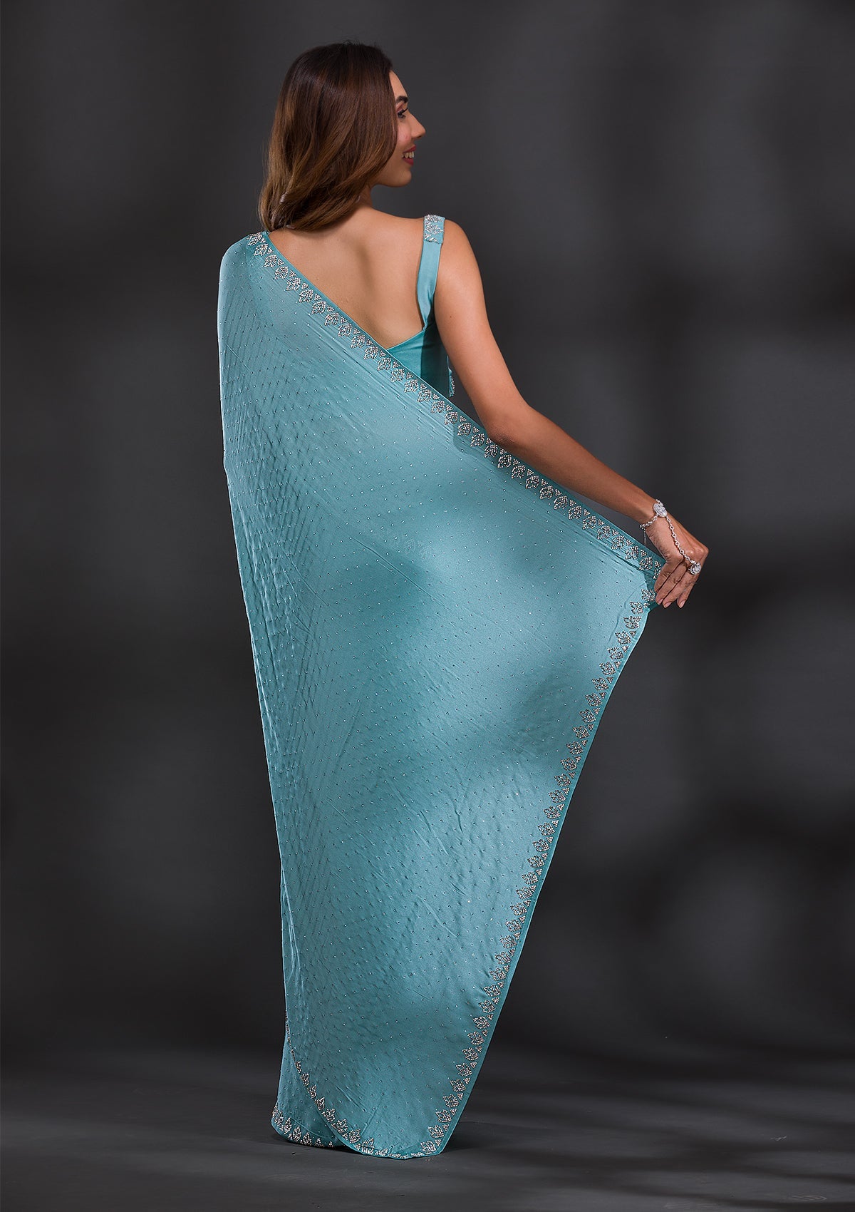 Sky Blue Stonework Satin Saree-Koskii